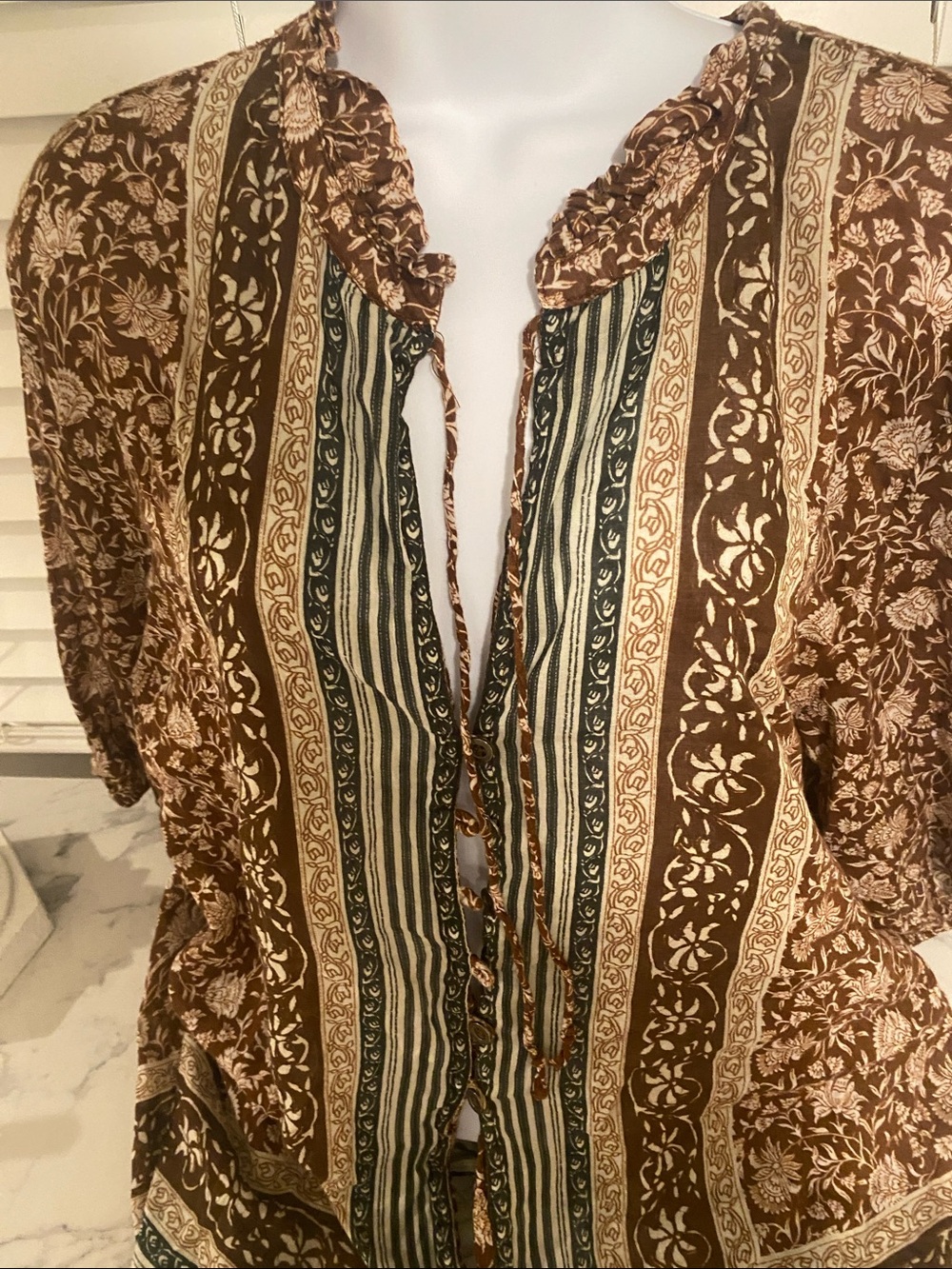 We The Free Brown and Cream Boho Tie-Front Blouse